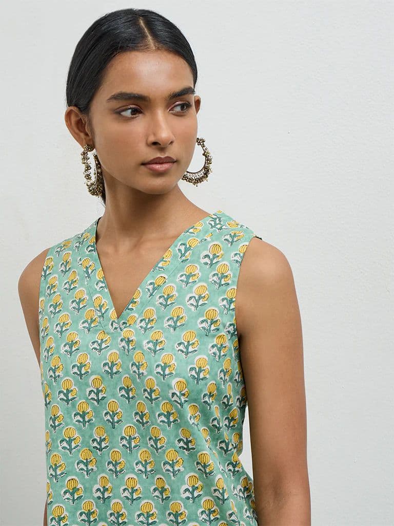 Utsa Mint Floral Printed Cotton Straight Kurta — photo 3