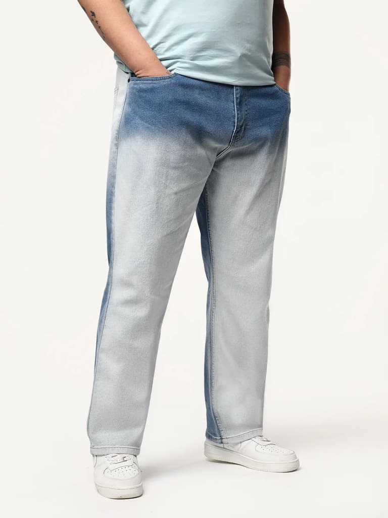 Plus Men's Light Blue Straight Fit Heavy Washed Faded Denim Jeans Stretchable — photo 2