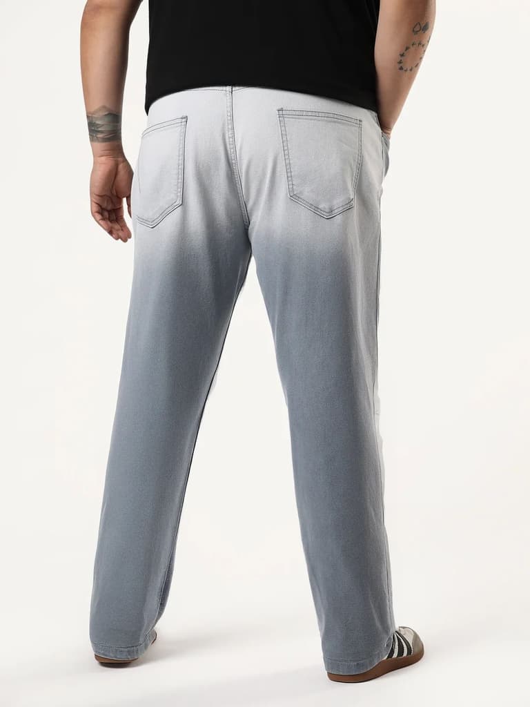 Plus Men's Light Grey Straight Fit Heavy Washed Faded Denim Jeans Stretchable — photo 4