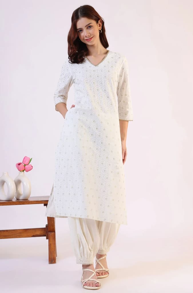 White Geometric Printed Metallic Hardware Straight Pure Cotton Kurta — photo 2