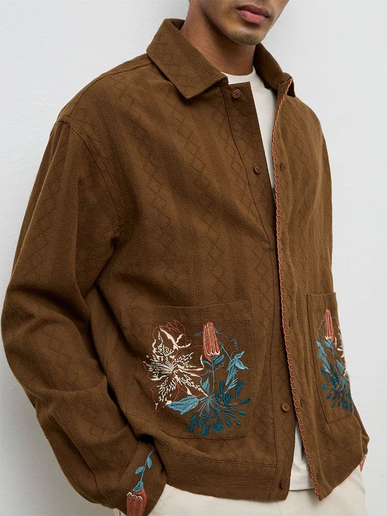 ETA Brown Floral-Embroidered Relaxed-Fit Cotton Shirt — photo 3