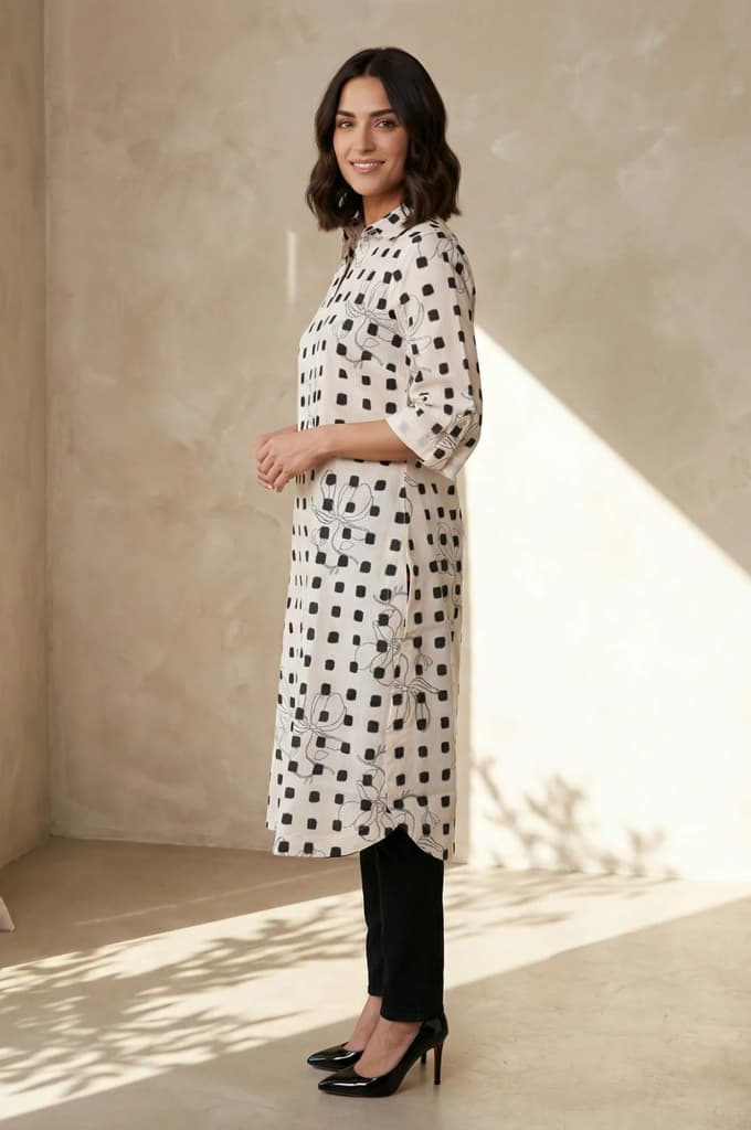 Off White Geometric Printed Pure Cotton Straight Kurta — photo 3