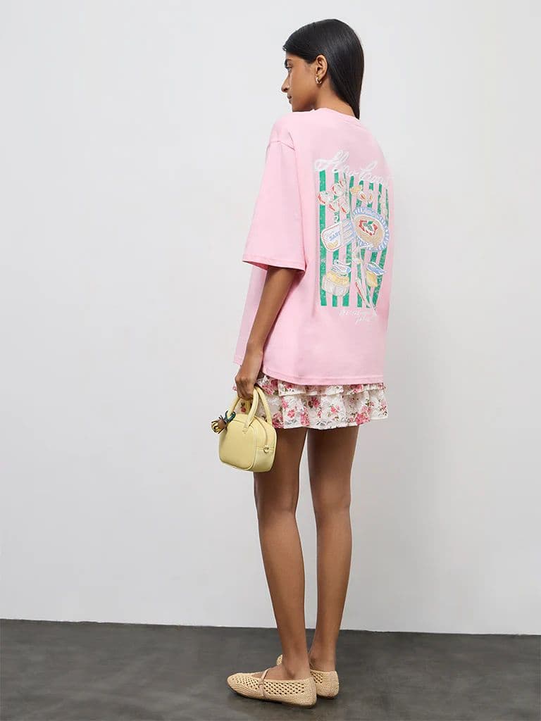 Nuon Pink Printed Oversized Cotton T-Shirt — photo 4