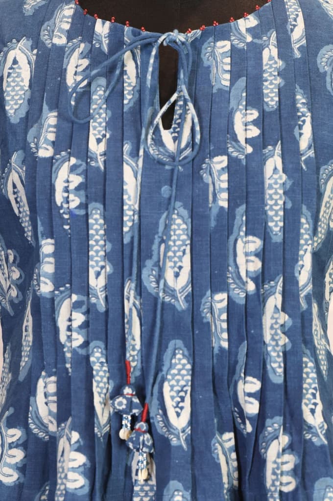 Blue Floral Printed Tassel Pure Cotton Top with Flared Skirt Set — photo 2