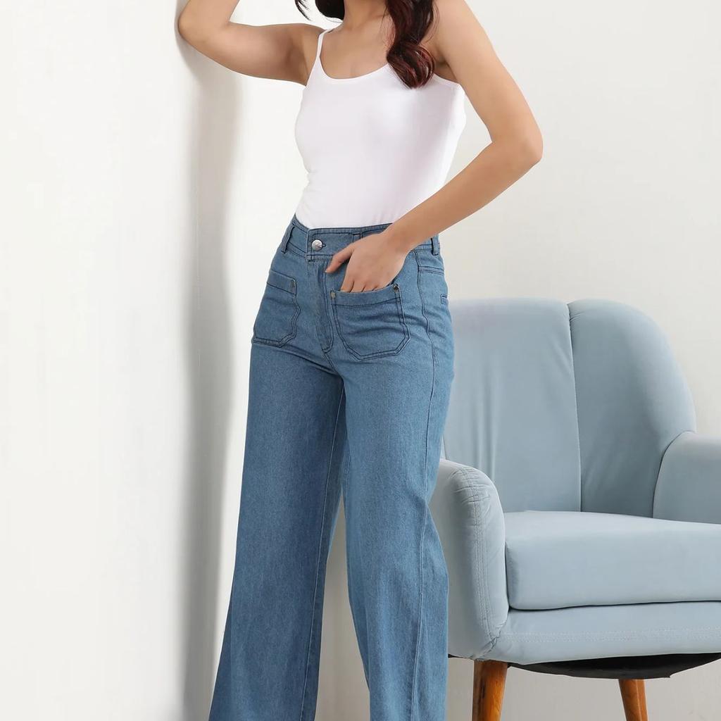 Light Blue Solid Flared Denim Pants With Button Detail