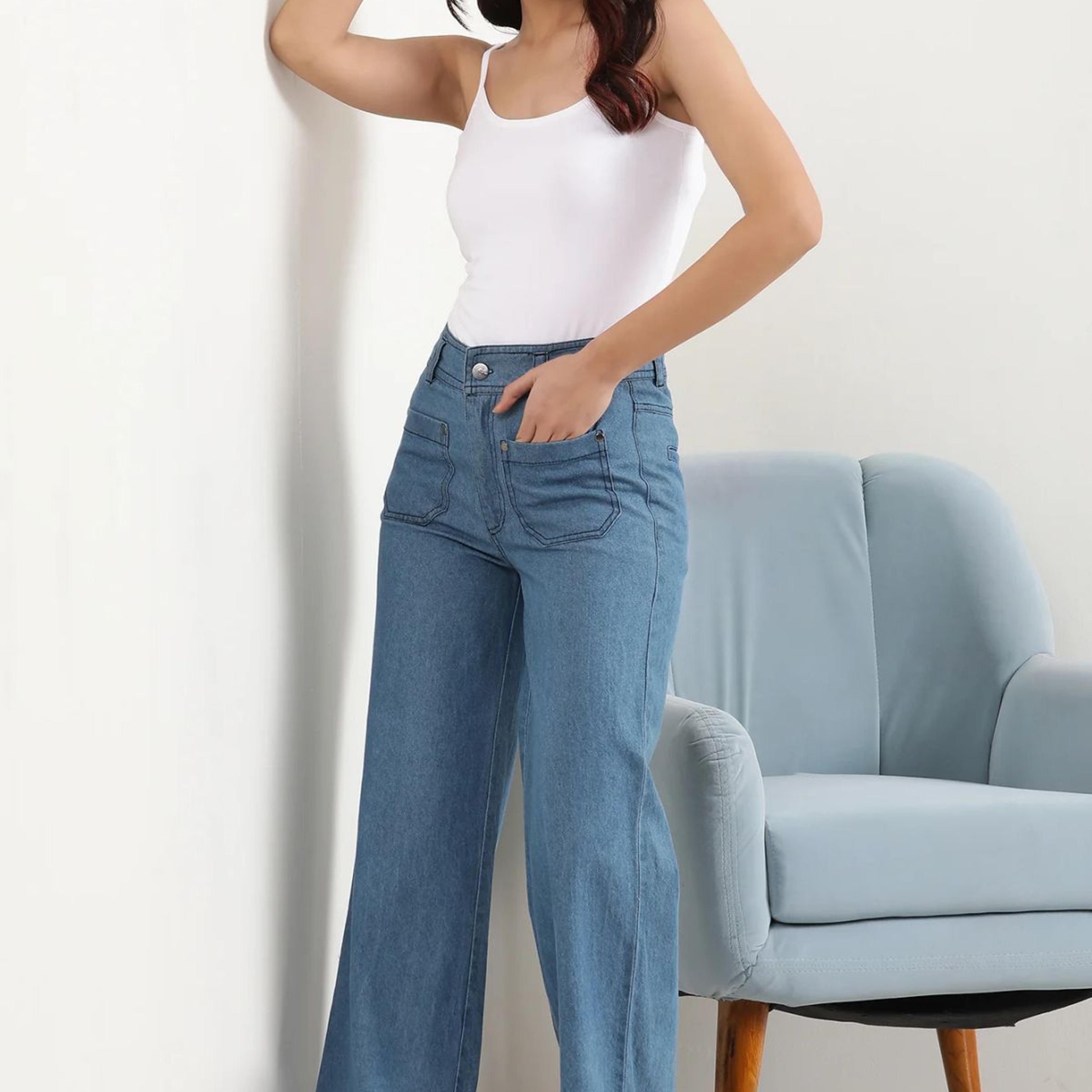 Light Blue Solid Flared Denim Pants With Button Detail