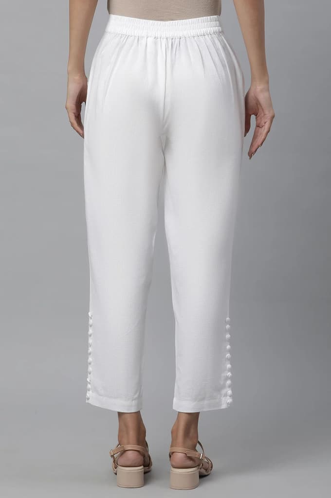 White Solid Straight Fit Cotton Trousers With Button Detail — photo 3