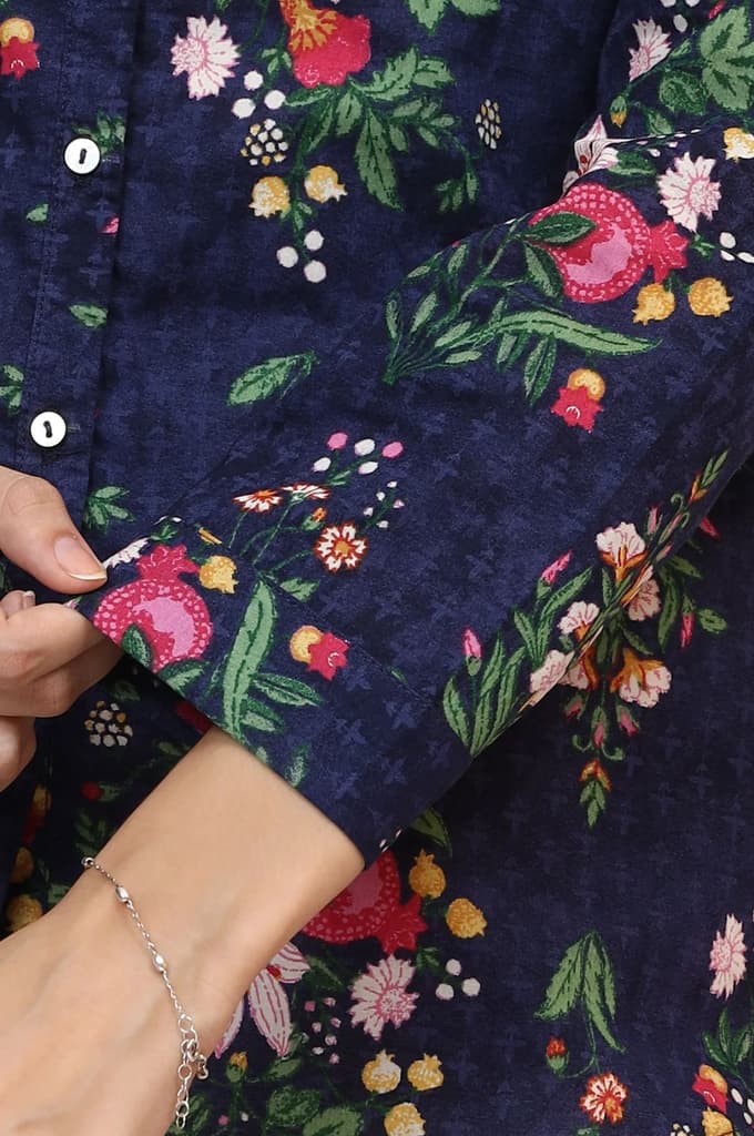 Navy Blue Floral Printed Pure Cotton Ethnic Shirt — photo 8