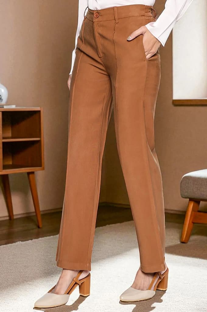 Brown Solid Korean Rayon Formal Parallel Pants with YKK Zipper — photo 6