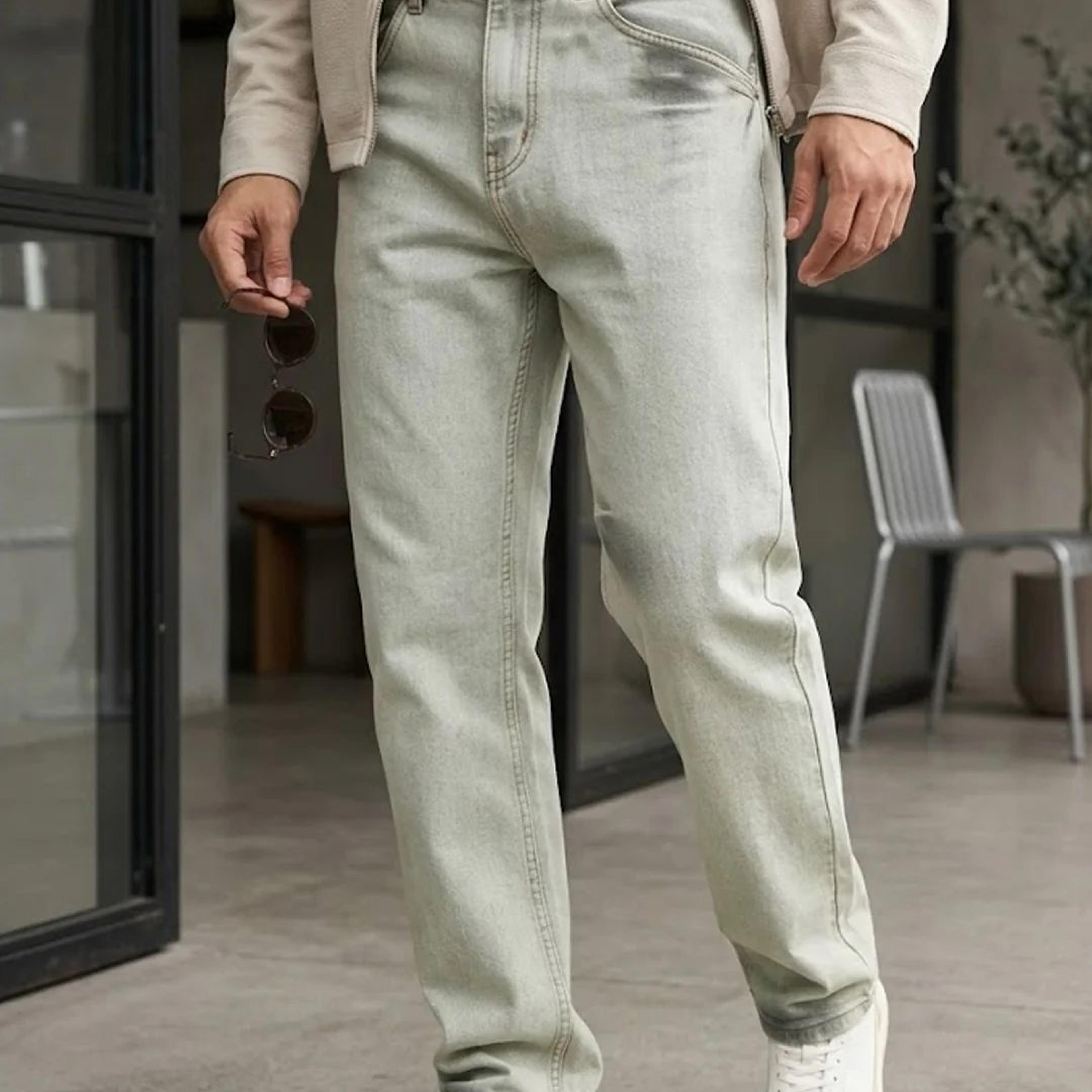 Men's Ice Grey Straight Fit Heavy Washed Jeans Stretchable