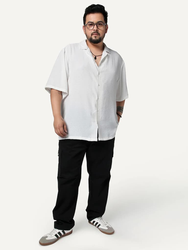 Plus Men's White Cotton Half Sleeve Relaxed Fit Textured Shirt with Cuban Collar — photo 4