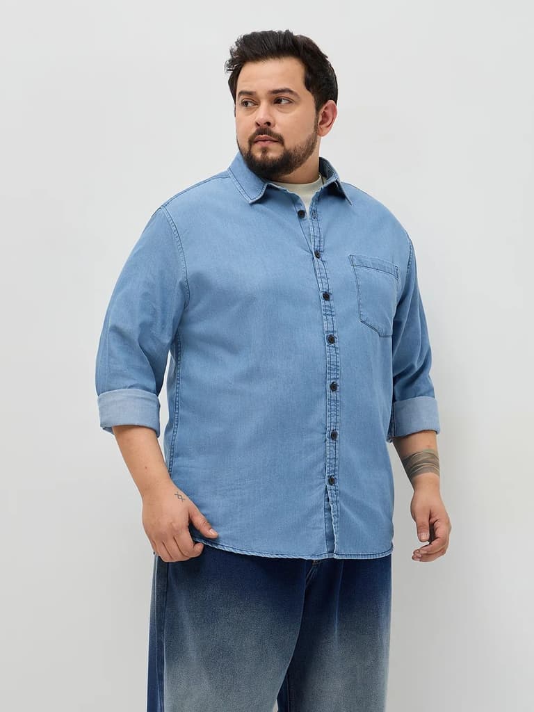 Plus Men's Light Blue Regular Fit Full Sleeve Solid Denim Shirt — photo 2