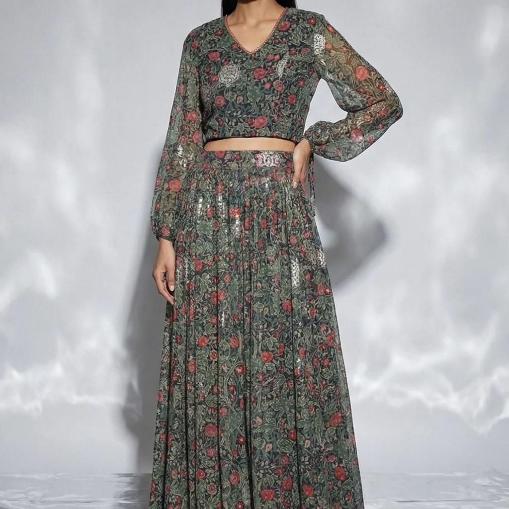 Navy Blue Foil Printed Floral Chiffon Crop Top with Skirt Set