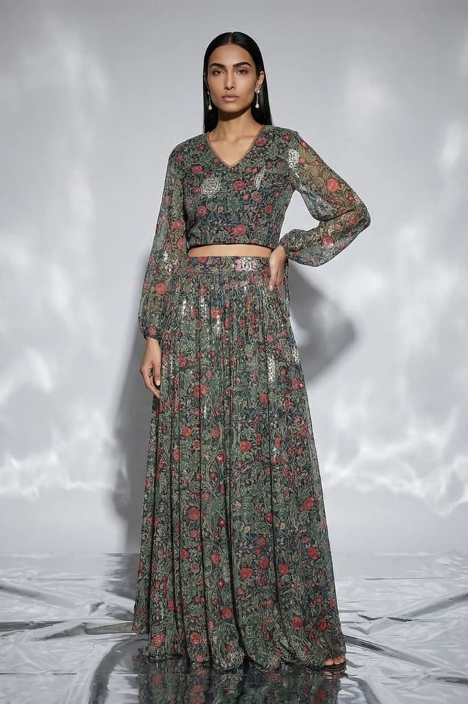 Navy Blue Foil Printed Floral Chiffon Crop Top with Skirt Set — XS