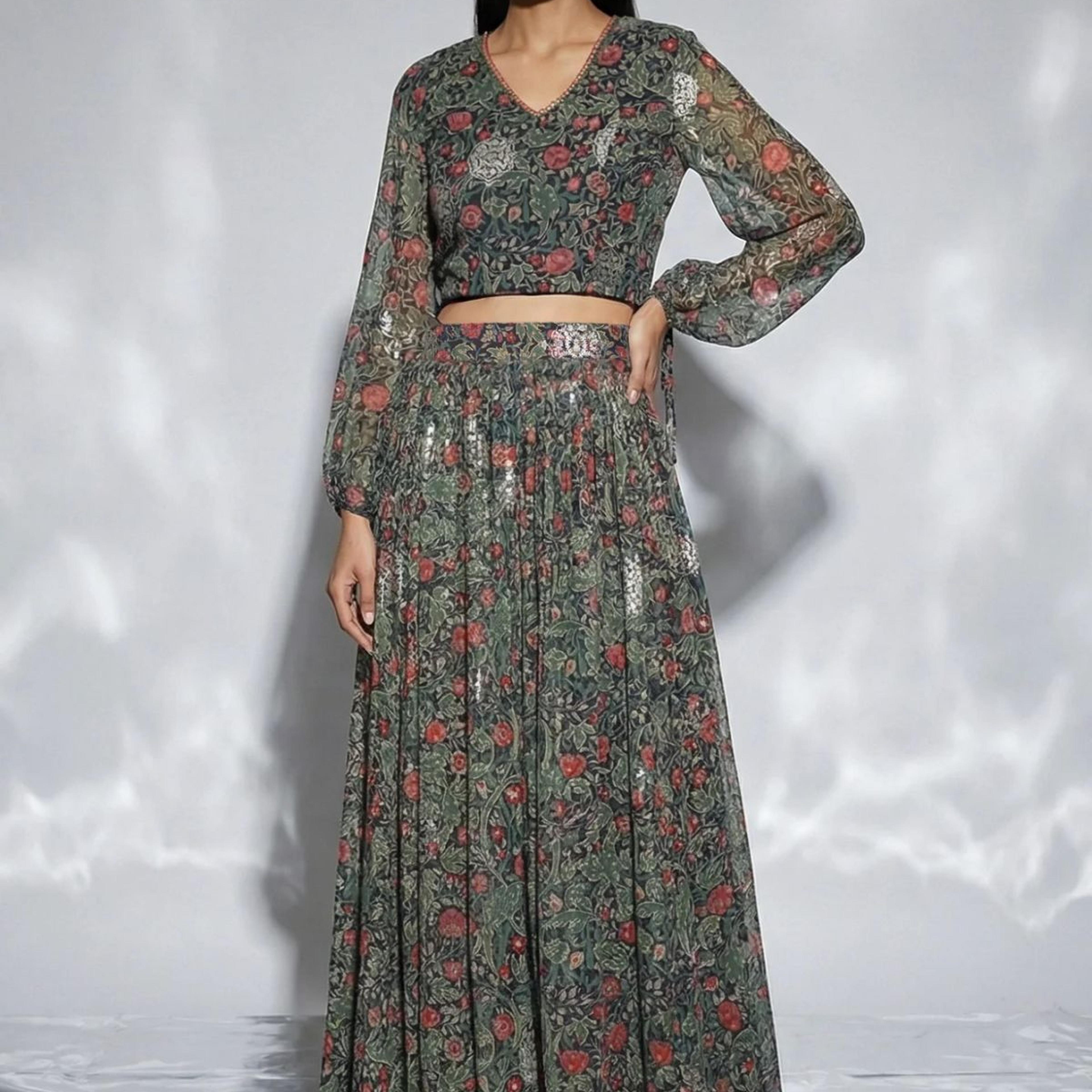Navy Blue Foil Printed Floral Chiffon Crop Top with Skirt Set