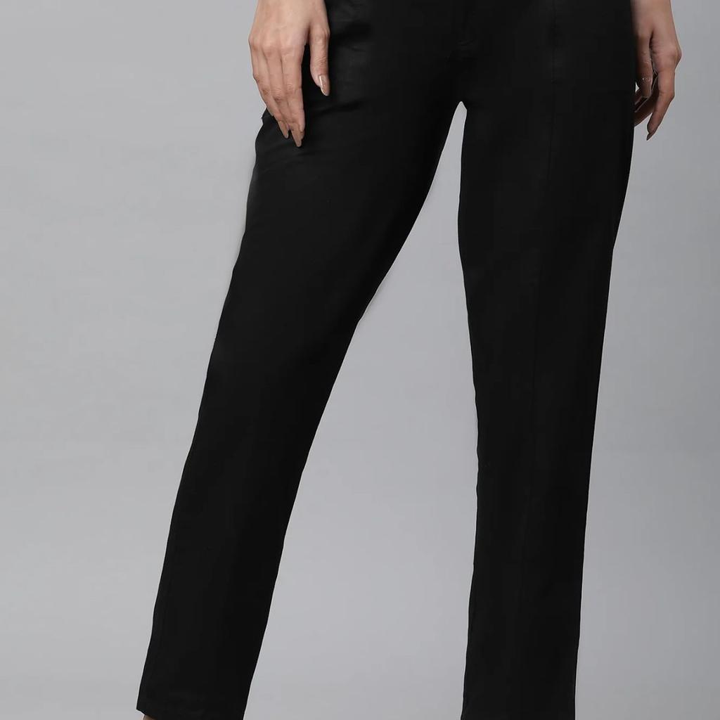 Black Solid Straight Fit Cotton Pants With Elasticated Back