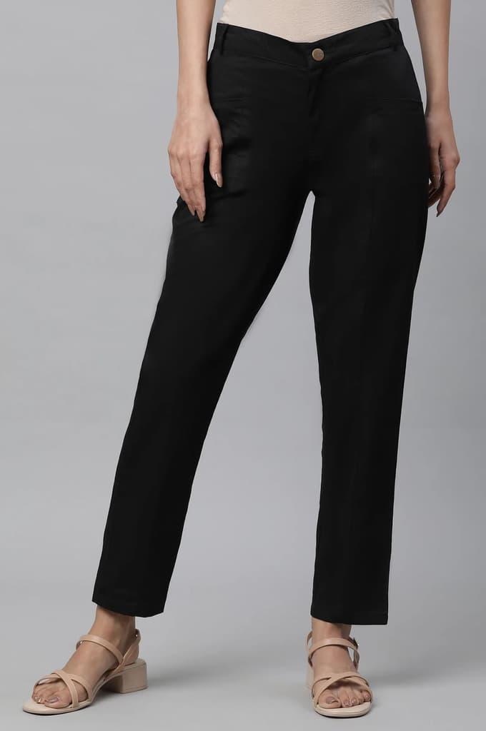 Black Solid Straight Fit Cotton Pants With Elasticated Back