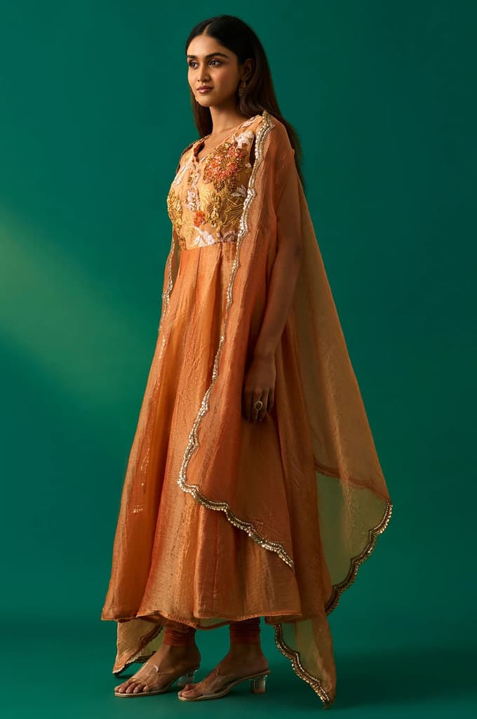 Orange Embroidered Flared Net Dress with Churidar and Cape Set — photo 2