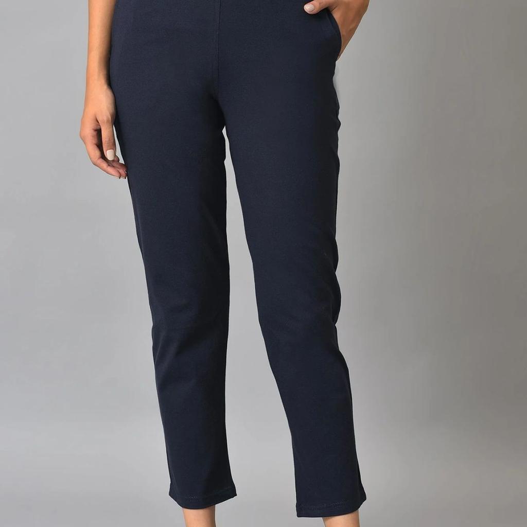Navy Blue Solid Flared Cotton Pants With Elasticated Waist