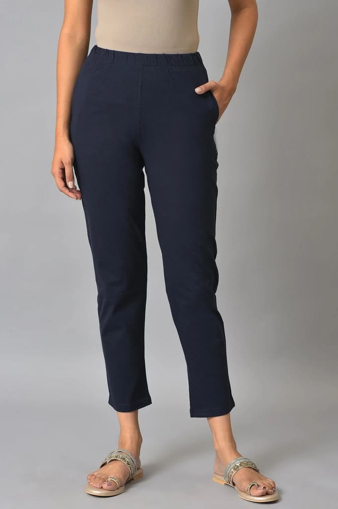 Navy Blue Solid Flared Cotton Pants With Elasticated Waist