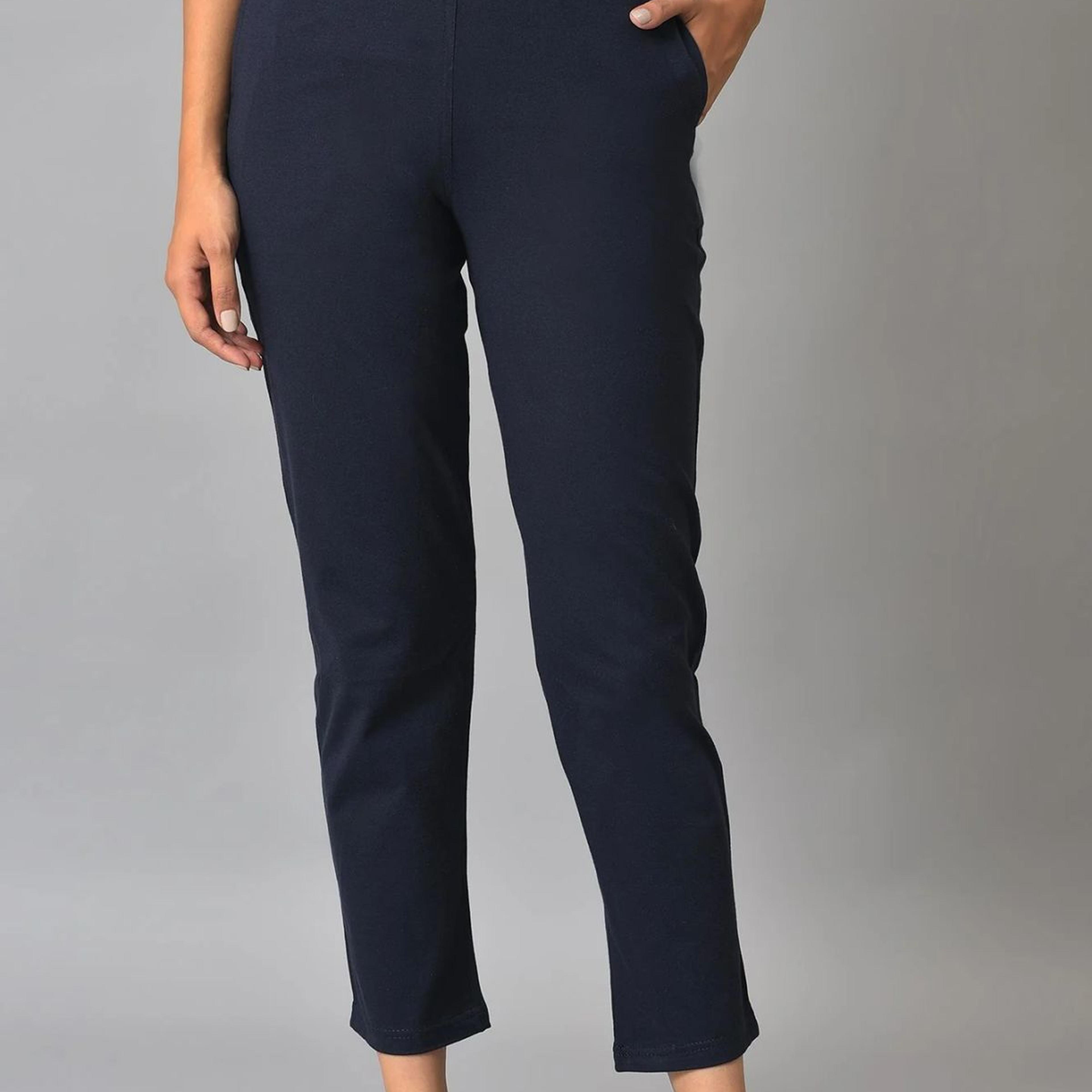 Navy Blue Solid Flared Cotton Pants With Elasticated Waist