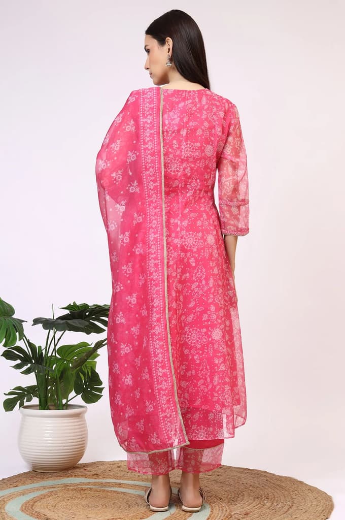 Pink Printed Organza A-line Kurta, Pants and Dupatta Set — photo 6