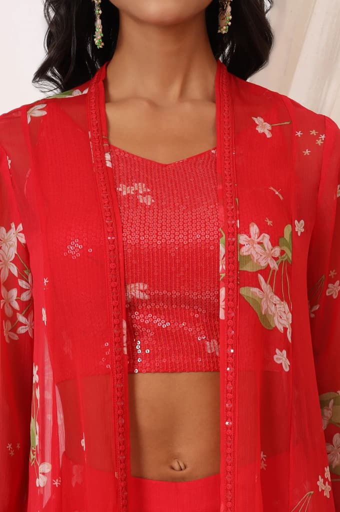 Red Floral Printed Chiffon Jacket, Crop Top and Culottes Set — photo 3