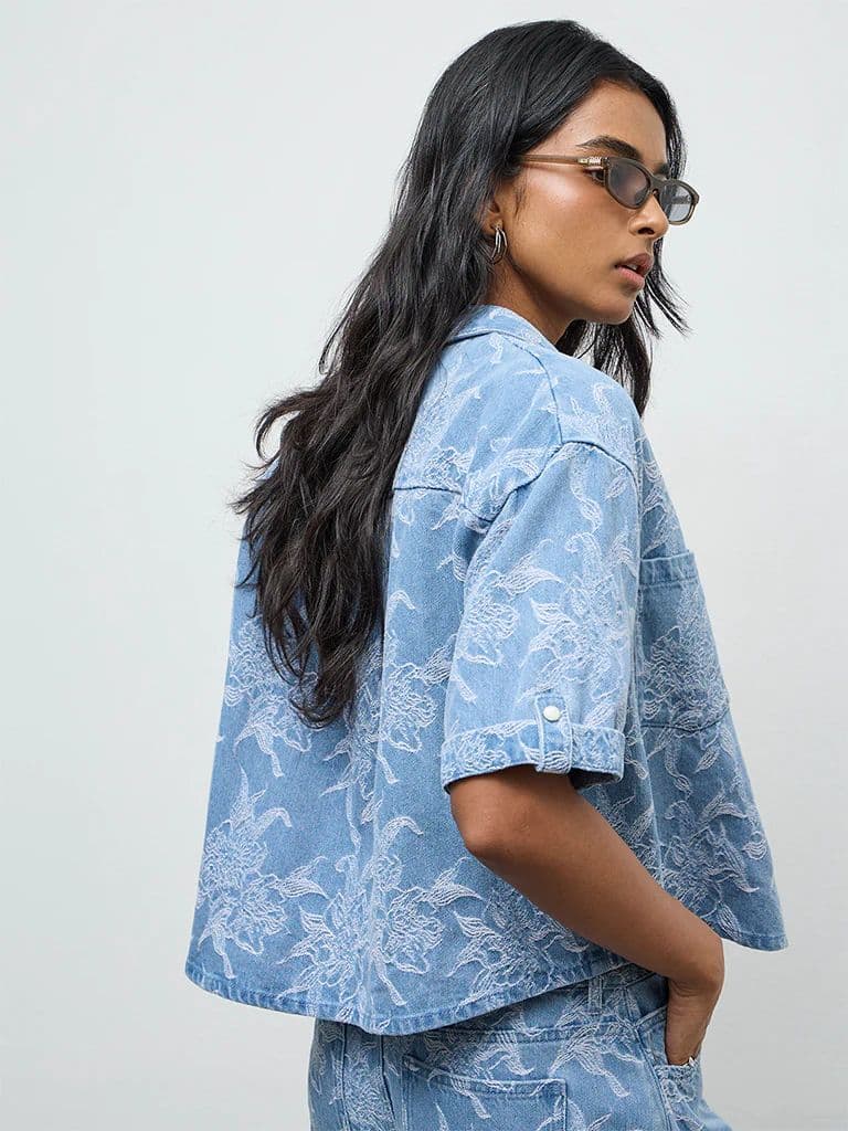 LOV Blue Floral Embroidered Denim Shirt — photo 4