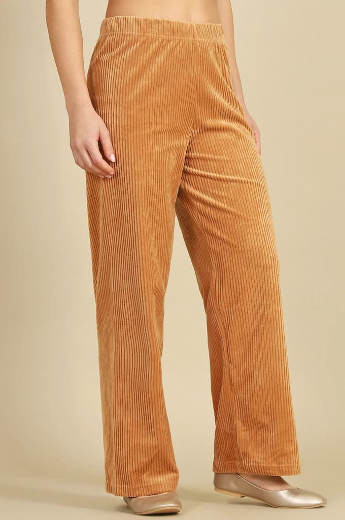 Brown Solid Straight Fit Cotton Pants With Elasticated Waist — photo 6