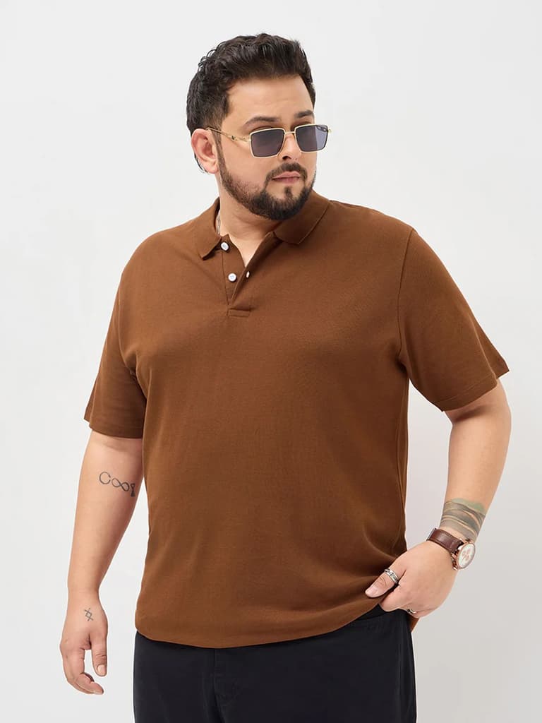 Plus Men's Chocolare Brown Solid Regular Fit Half Sleeve Cotton Polo T-Shirt — 2XL / Chocolare Brown