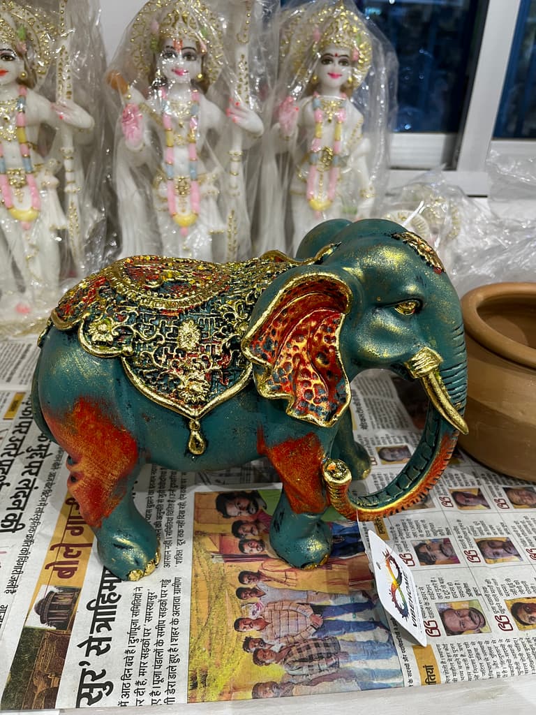 Elephant Statue | Decorative | Wood | Blue, Gold, Orange