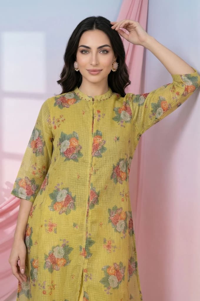 Yellow Floral Printed Kota Straight Kurta — photo 3
