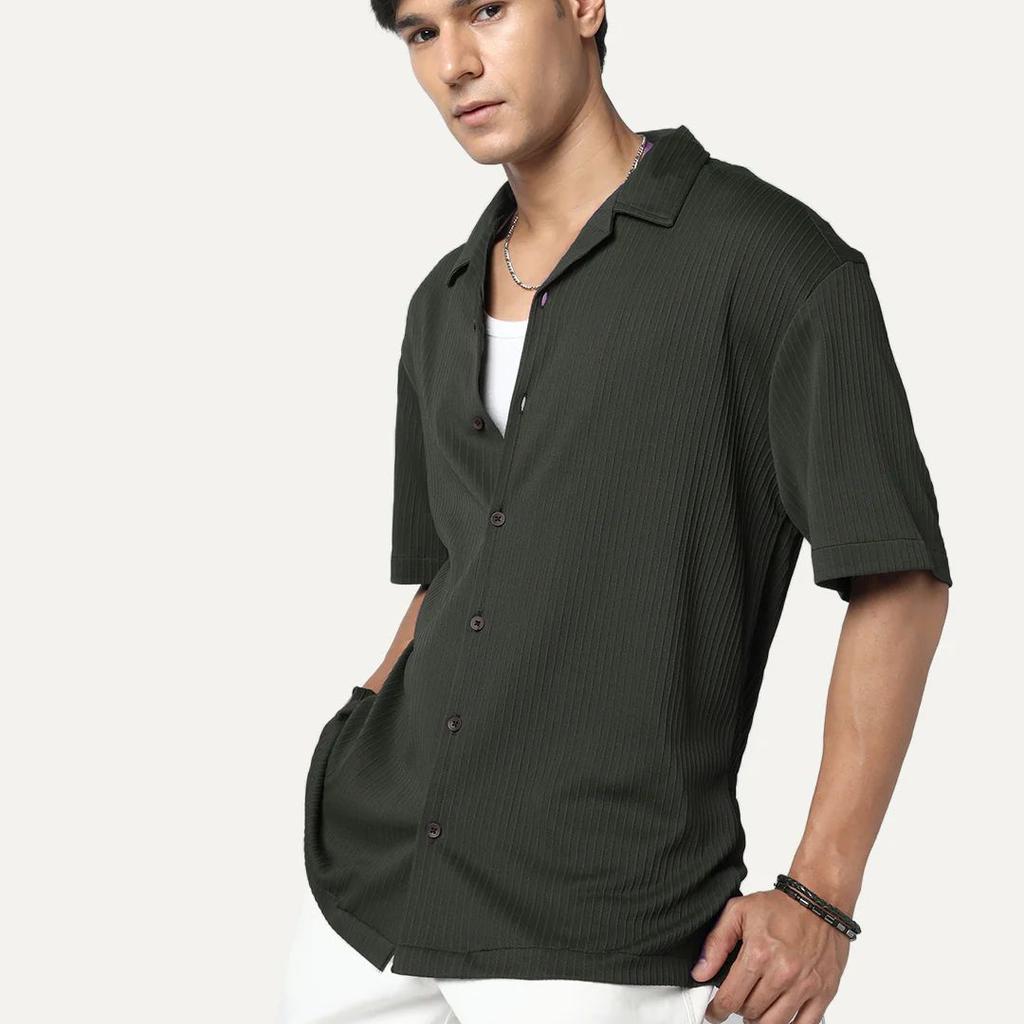 Men's Dark Grey Cotton Half Sleeve Oversized Fit Textured Shirt with Cuban Collar