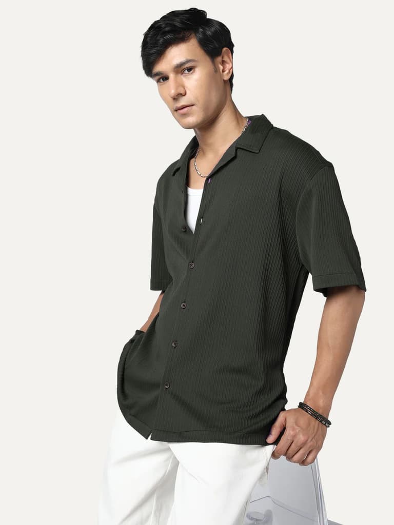 Men's Dark Grey Cotton Half Sleeve Oversized Fit Textured Shirt with Cuban Collar — S / Dark Grey