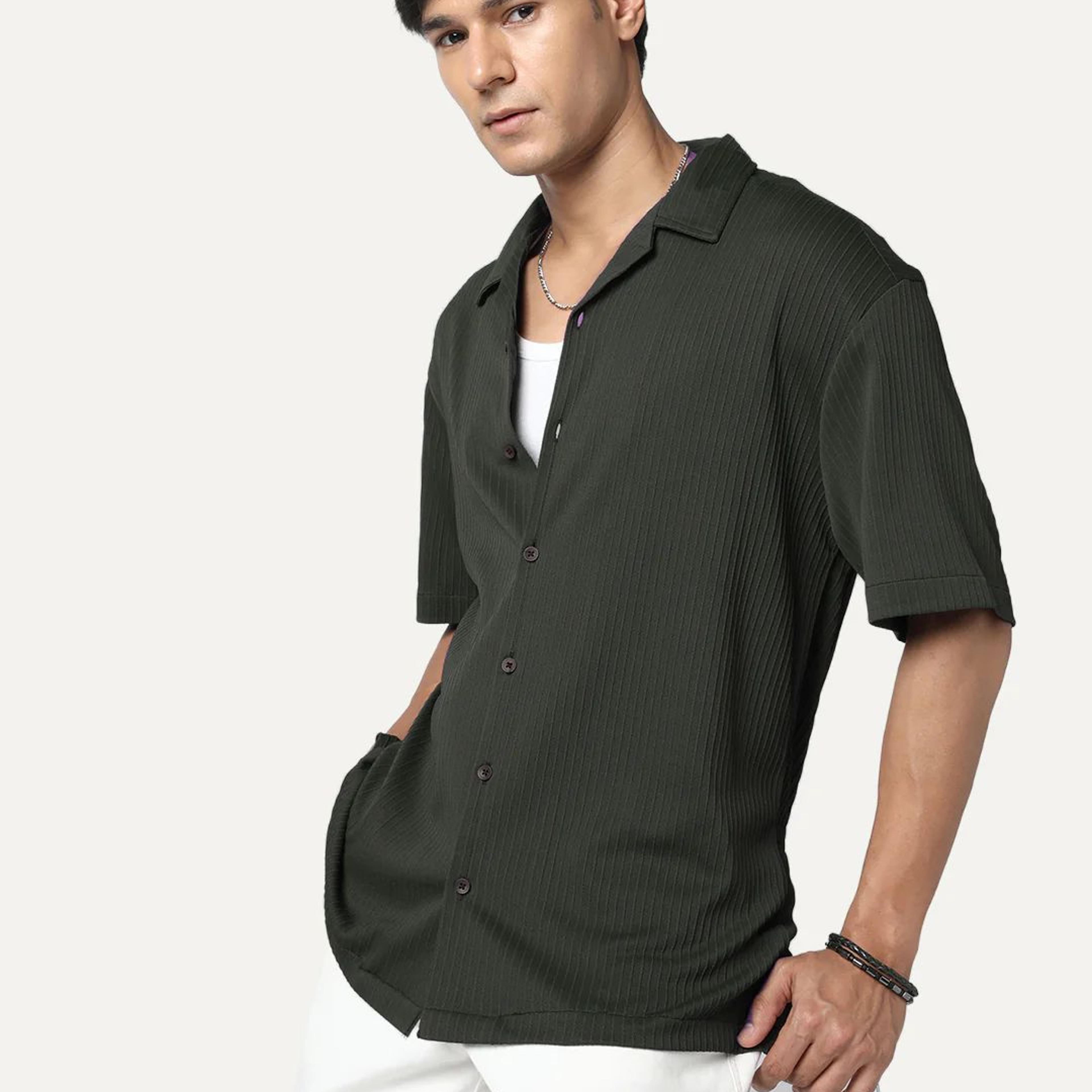 Men's Dark Grey Cotton Half Sleeve Oversized Fit Textured Shirt with Cuban Collar