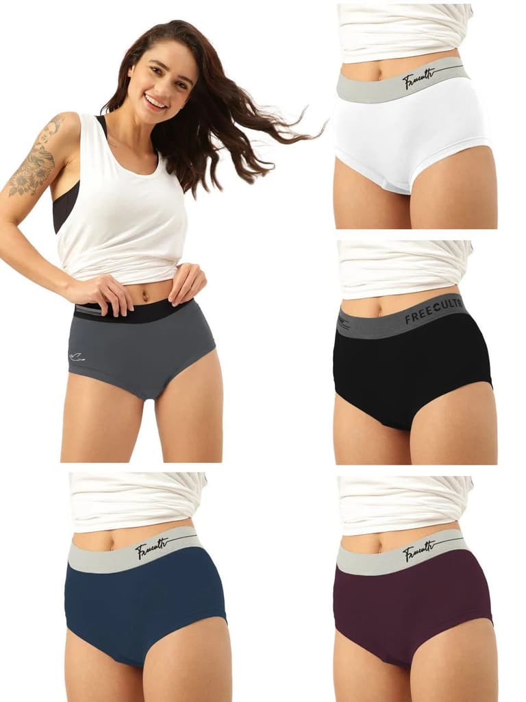 Women's Micro Modal Solid Waistband Boxer Brief With Cult Waistband (Pack of 5) — Ash Grey; Cloud white; Prussian Blue; Pot Black; Sangria Wine / S / Women