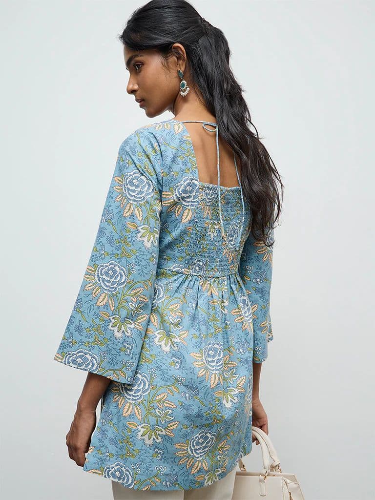 Utsa Blue Foliage Pattern Cotton Tunic — photo 4