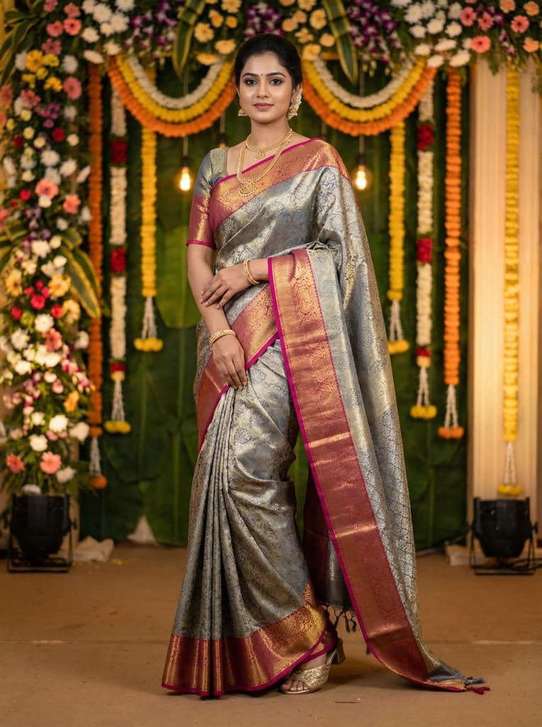 MIMOSA Women's Woven Design Kanjivaram Style Art Silk Saree with Blouse Piece - Navy Blue (SA00002446NVFREE) — photo 3