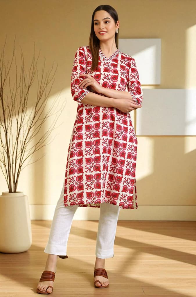Floral Printed Straight Pure Cotton Kurta with Border Patch — XS