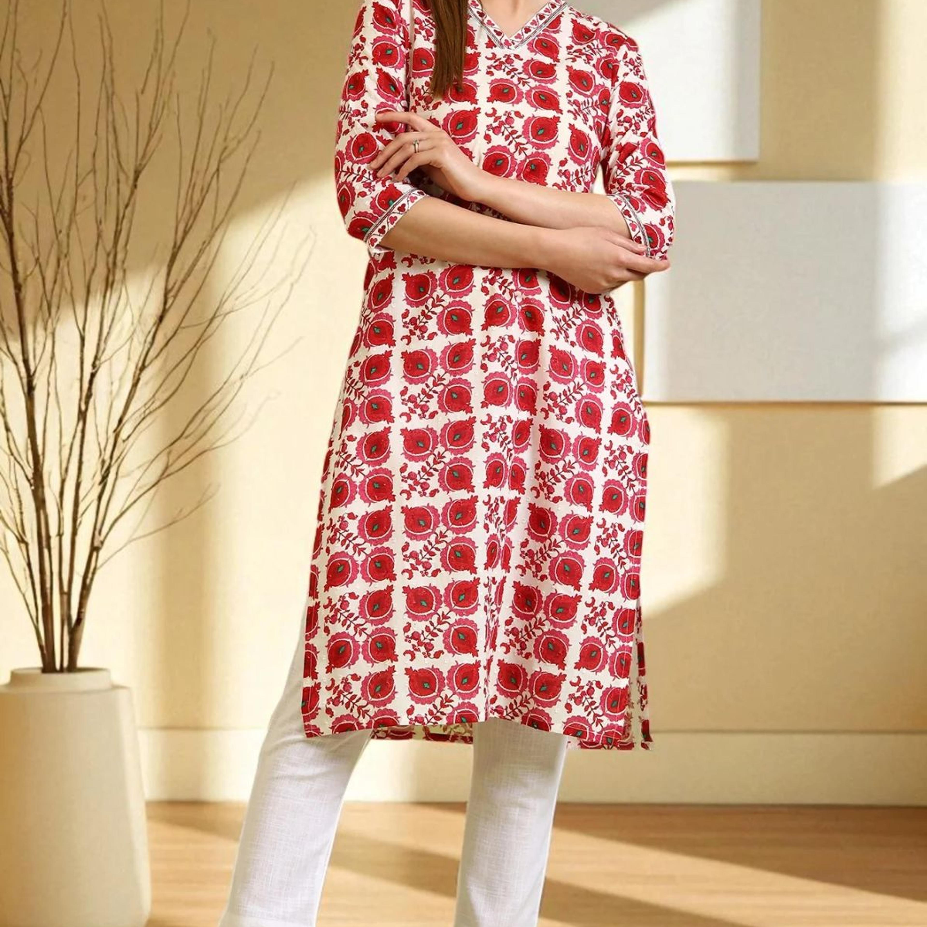 Floral Printed Straight Pure Cotton Kurta with Border Patch