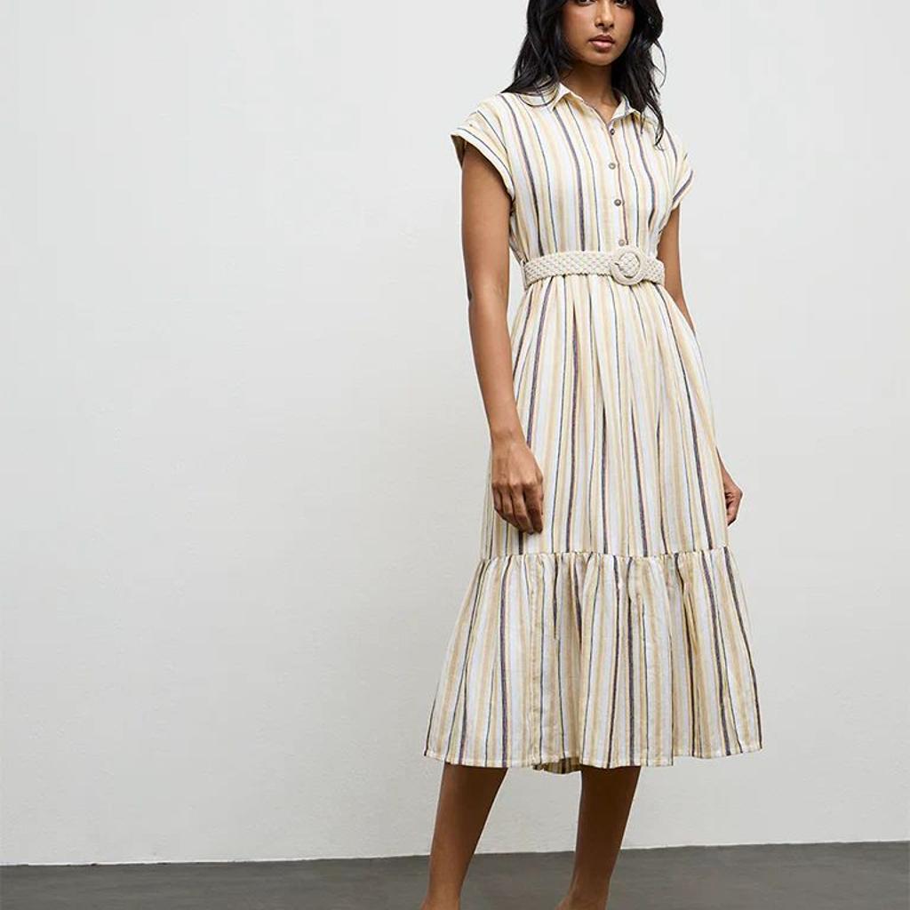 LOV Light Yellow Striped Linen-Blend A-Line Dress