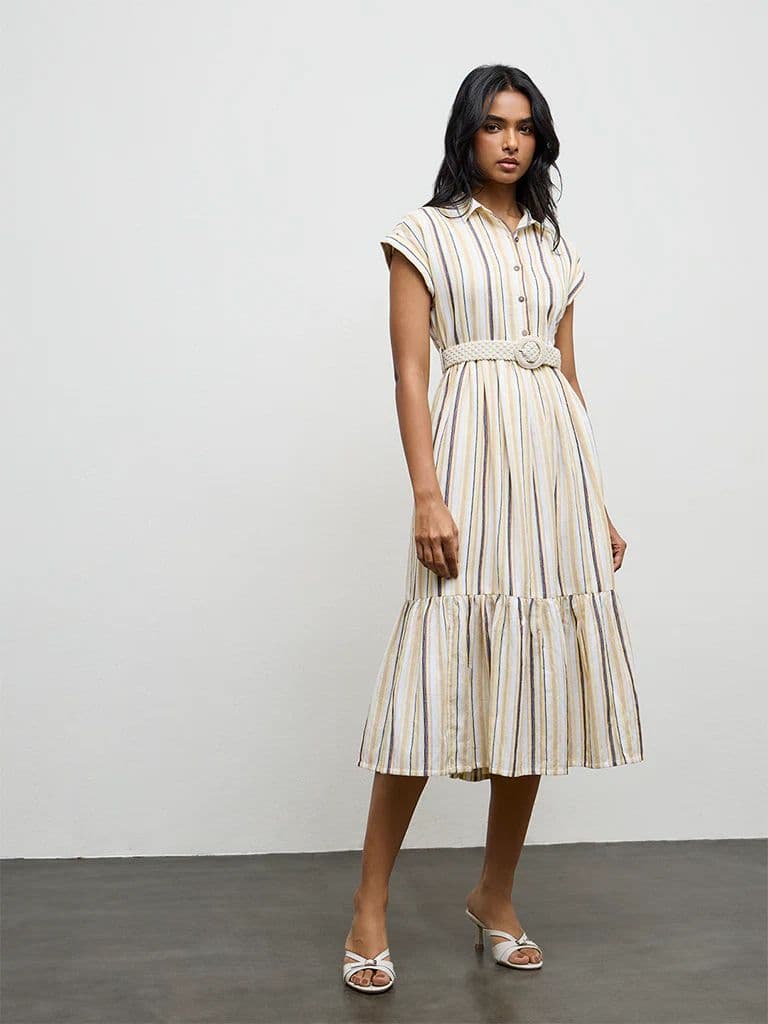 LOV Light Yellow Striped Linen-Blend A-Line Dress
