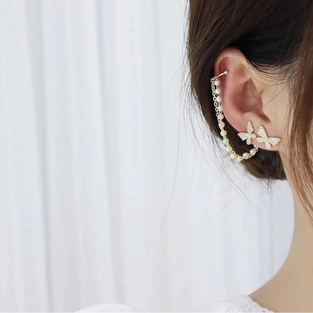 Butterfly Ear Stud with Pearl Chain Cuff – Elegant Single Statement Earring — photo 3