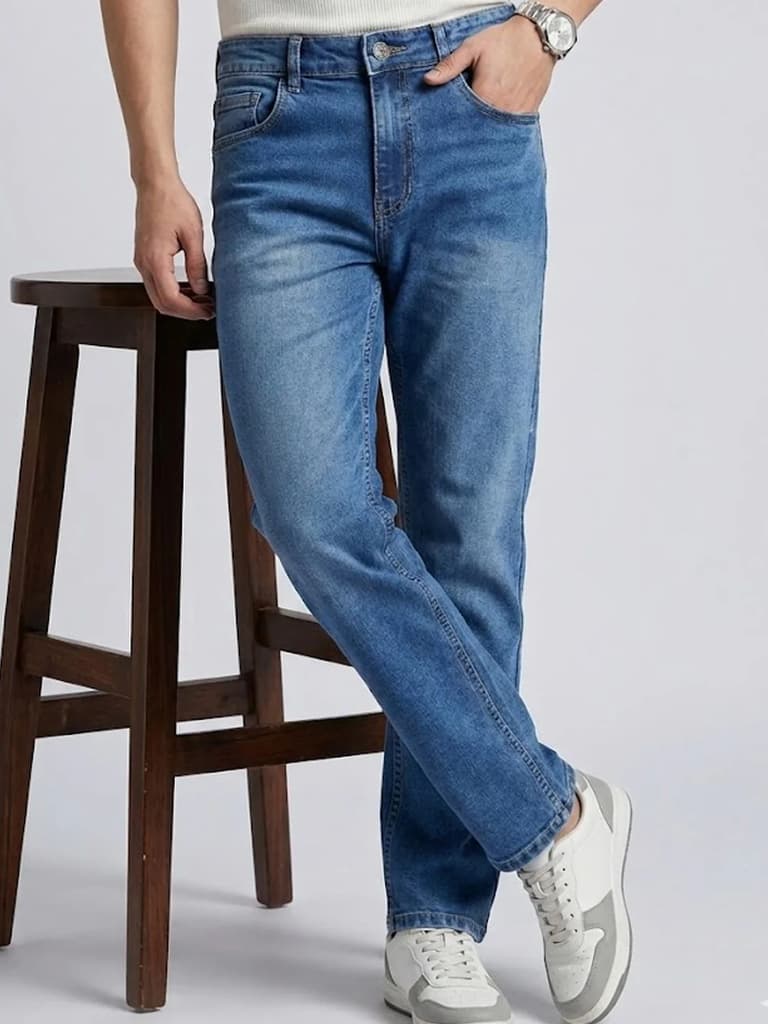 Men's Blue Straight Fit Washed Jeans Stretchable — 28 / Blue