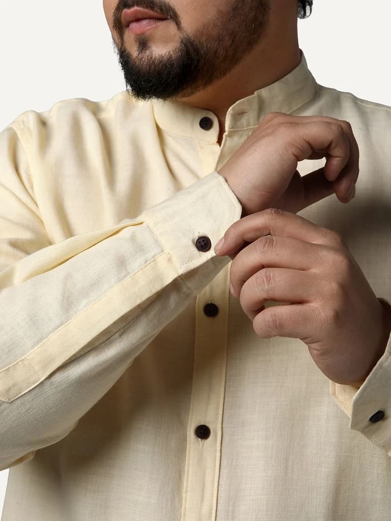 Plus Men's Tender Yellow Linen Blend Full Sleeve Relaxed Fit Mandarin Collar Casual Solid Shirt — photo 6