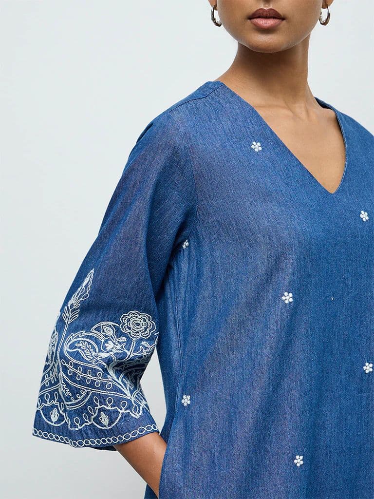 Utsa Indigo Floral Embroidered Denim A-Line Kurta — photo 3