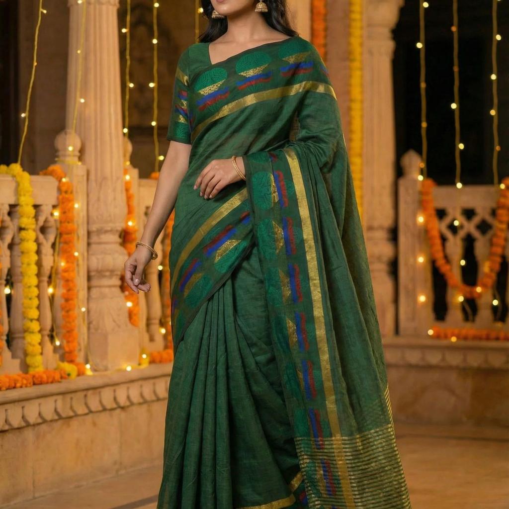 MIMOSA Women's Woven Design Banarasi Style Tussar Silk Saree with Blouse Piece - Green ( SA00003150GRNFREE )
