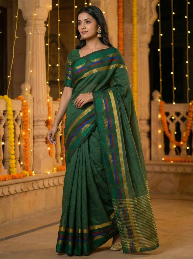 MIMOSA Women's Woven Design Banarasi Style Tussar Silk Saree with Blouse Piece - Green ( SA00003150GRNFREE ) — Default Title