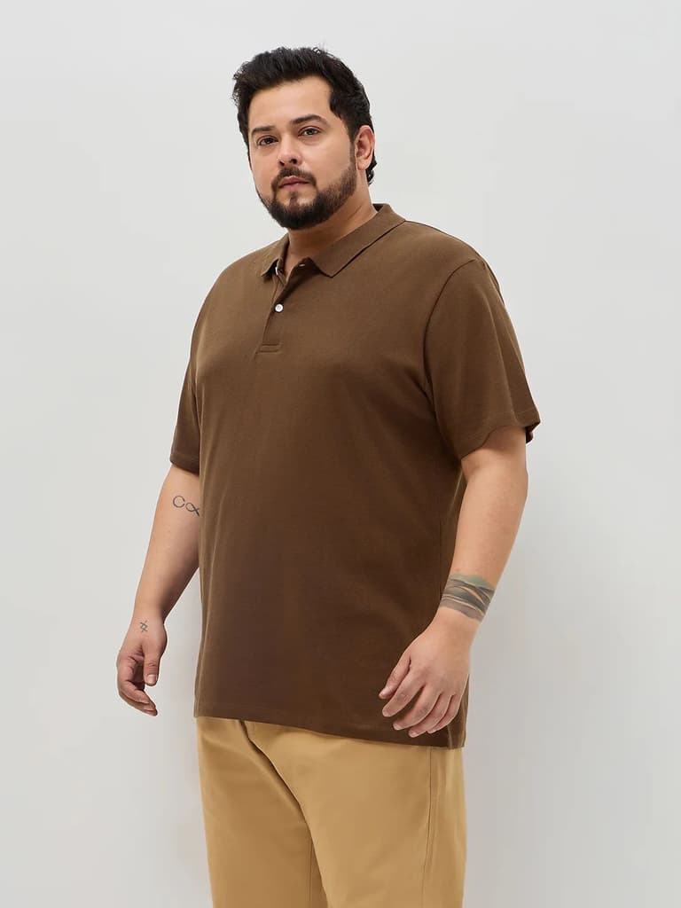 Plus Men's Dark Brown Solid Regular Fit Half Sleeve Cotton Polo T-Shirt — photo 2