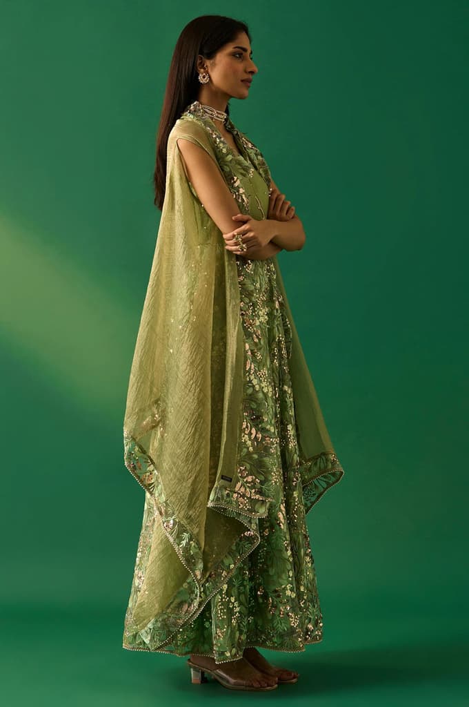 Green Embroidered Anarkali Tissue Dress with Churidar and Dupatta Set — photo 5